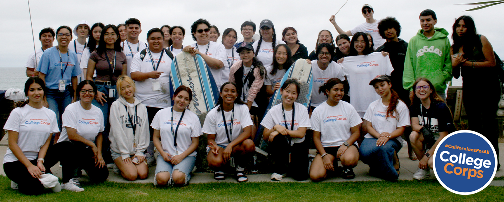 Group photo of College Corps Fellows after a day of service beach clean up